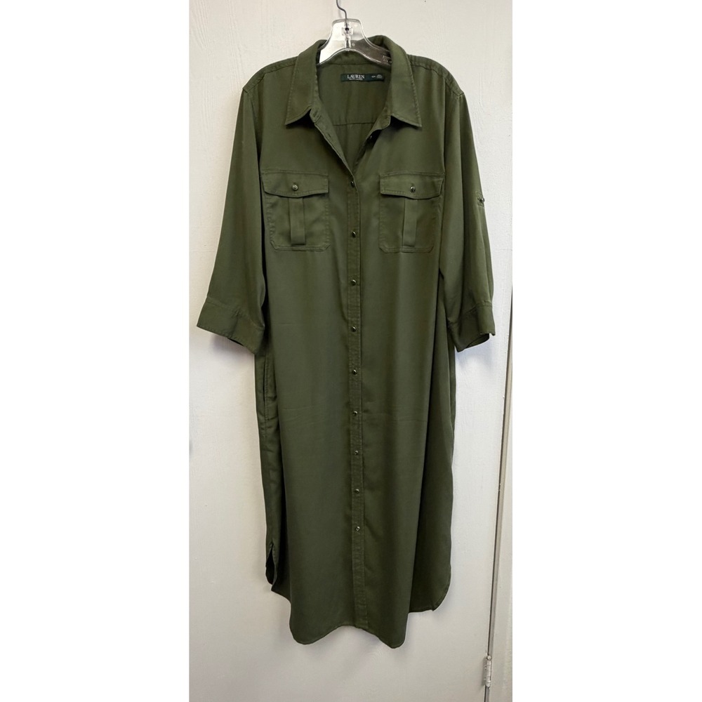 Lauren Ralph Lauren Olive Green Utility Shirt Dress 16W Midi Button Front Pocket